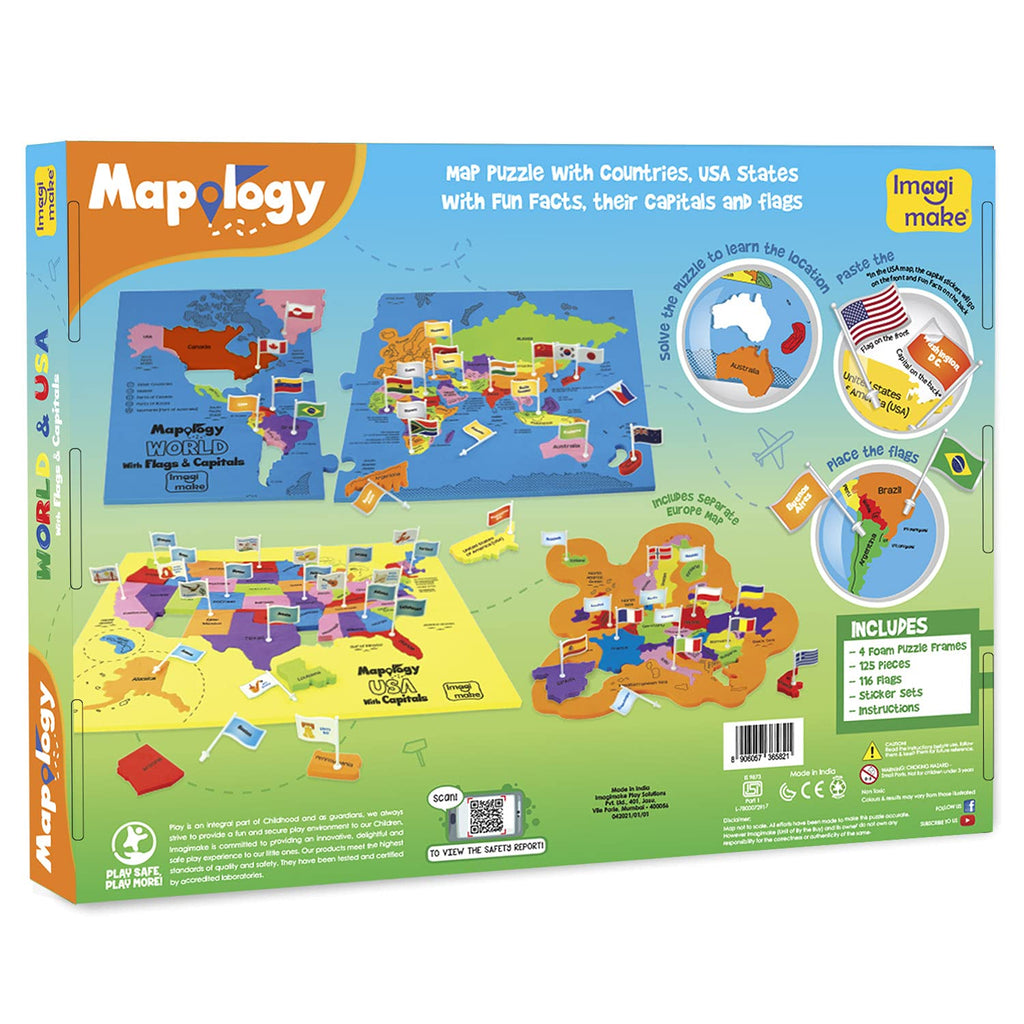 Imagimake Mapology USA & World Map Puzzle with Flags, Capitals, Stickers | Educational Toys for Ages 5-7 | Jigsaw Puzzles for Kids Ages 8-10 | Geography Toys for Ages 8-13 | 6 Year Old Boy/Girl Gifts