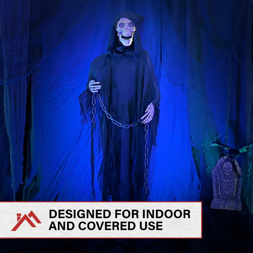 Haunted Hill Farm Life-Size Scary Grim Reaper with Chain, Halloween Animatronic with Touch Activated Lights and Sounds, Battery Operated Indoor or Covered Outdoor Halloween Decorations, Halloween Prop