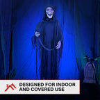 Haunted Hill Farm Life-Size Scary Grim Reaper with Chain, Halloween Animatronic with Touch Activated Lights and Sounds, Battery Operated Indoor or Covered Outdoor Halloween Decorations, Halloween Prop