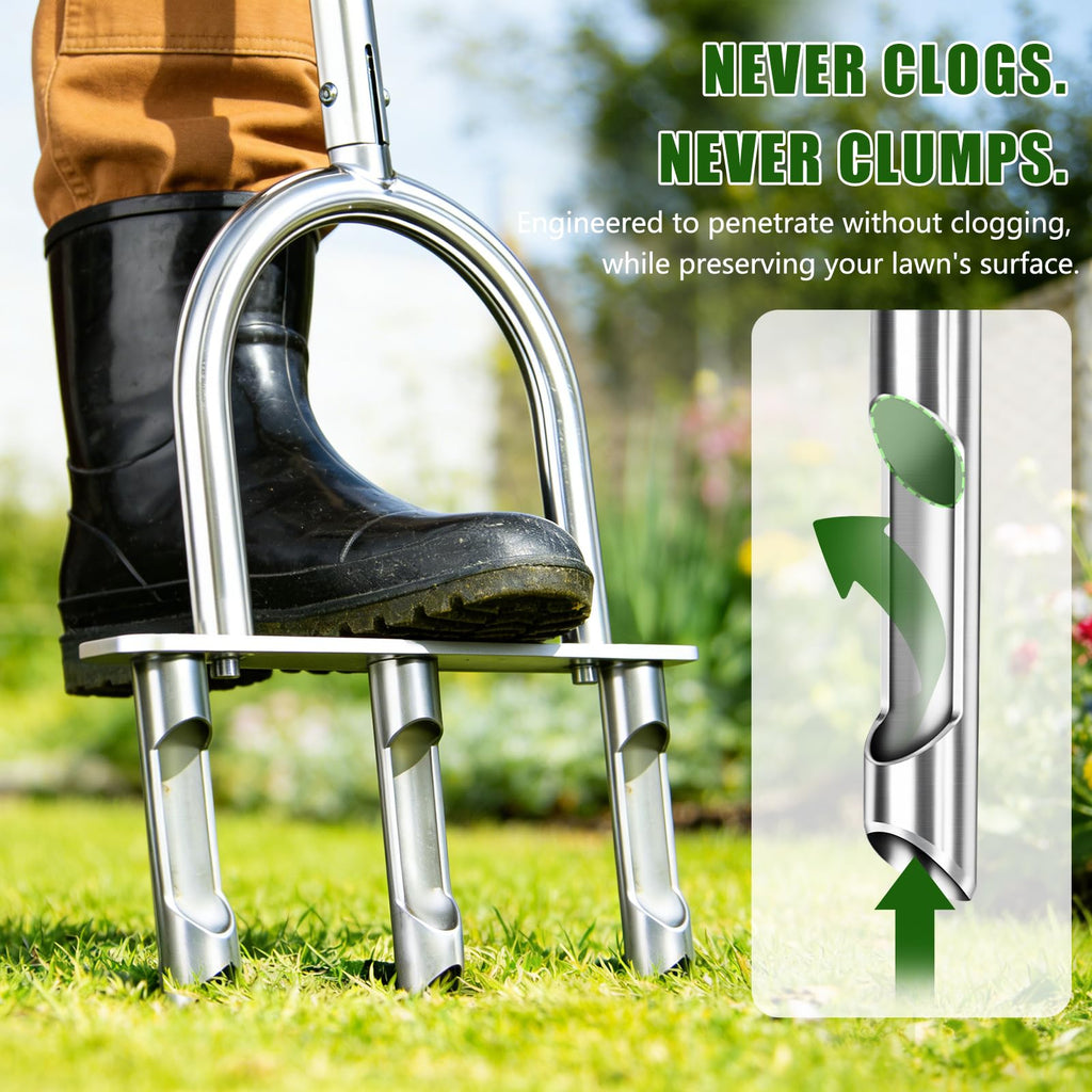 Lawn Aerator Tool, Stainless Steel Manual Core Aerator with 3 Hollow Tines