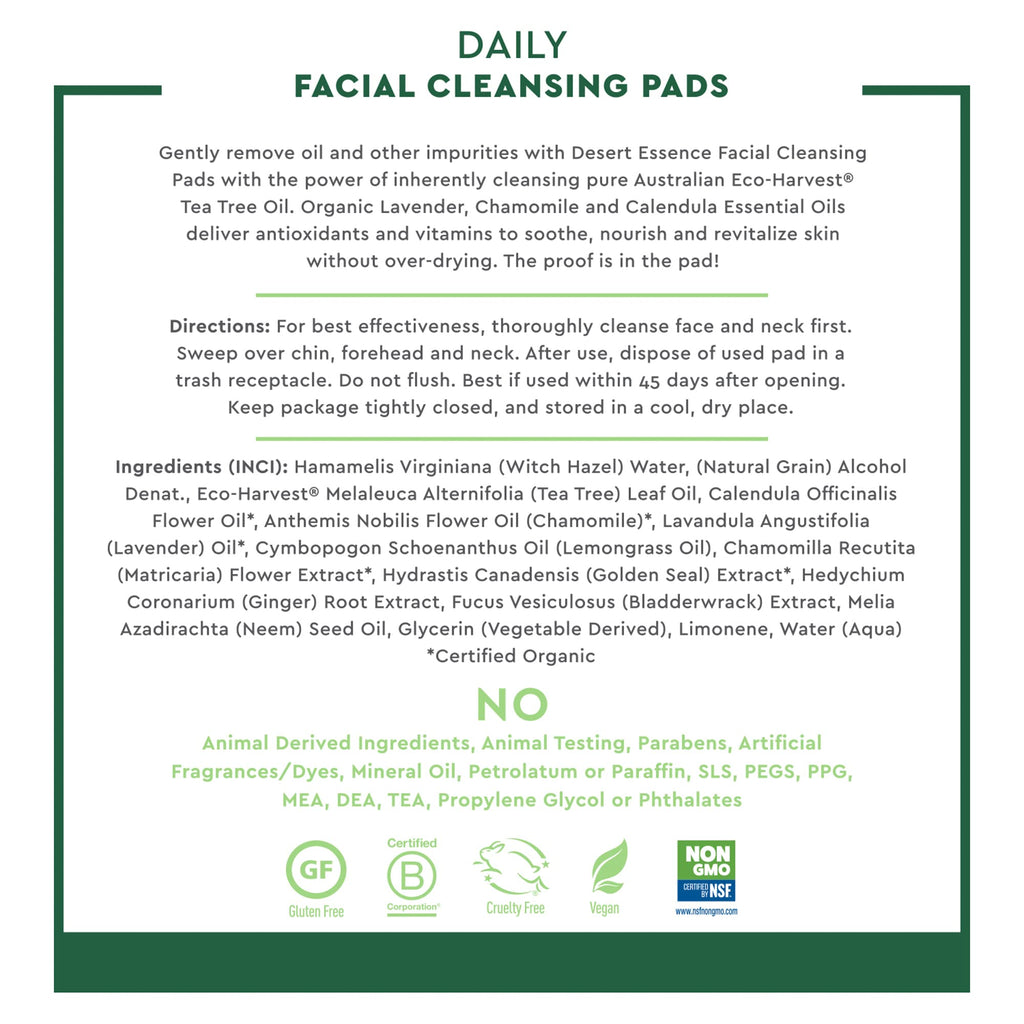 Desert Essene Daily Facial Cleansing Pads with Pure Australian Tea Tree, Witch Hazel, Calendula & Chamomile - Reduce Oil, Minimize Pores - Plant-Based Cleanser - Vegan, Non-GMO, Cruelty-Free - 50 Pads