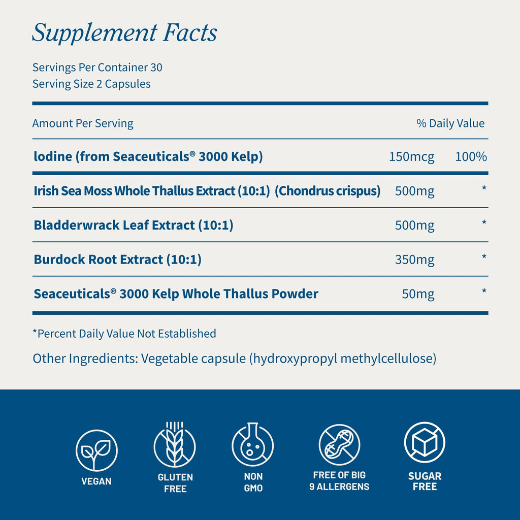 Snap Supplements Irish Sea Moss with Bladderwrack, Burdock Root & Iodine – Natural Sea Moss Supplement to Support Gut Health, Energy & Healthy-Looking Skin, 60 Vegan Capsules (1 Month Supply)