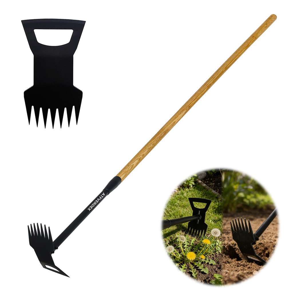 60" Wood Handle Weed Puller Tool, 7-Tine Garden Hoe, Secure Fit, No Bending