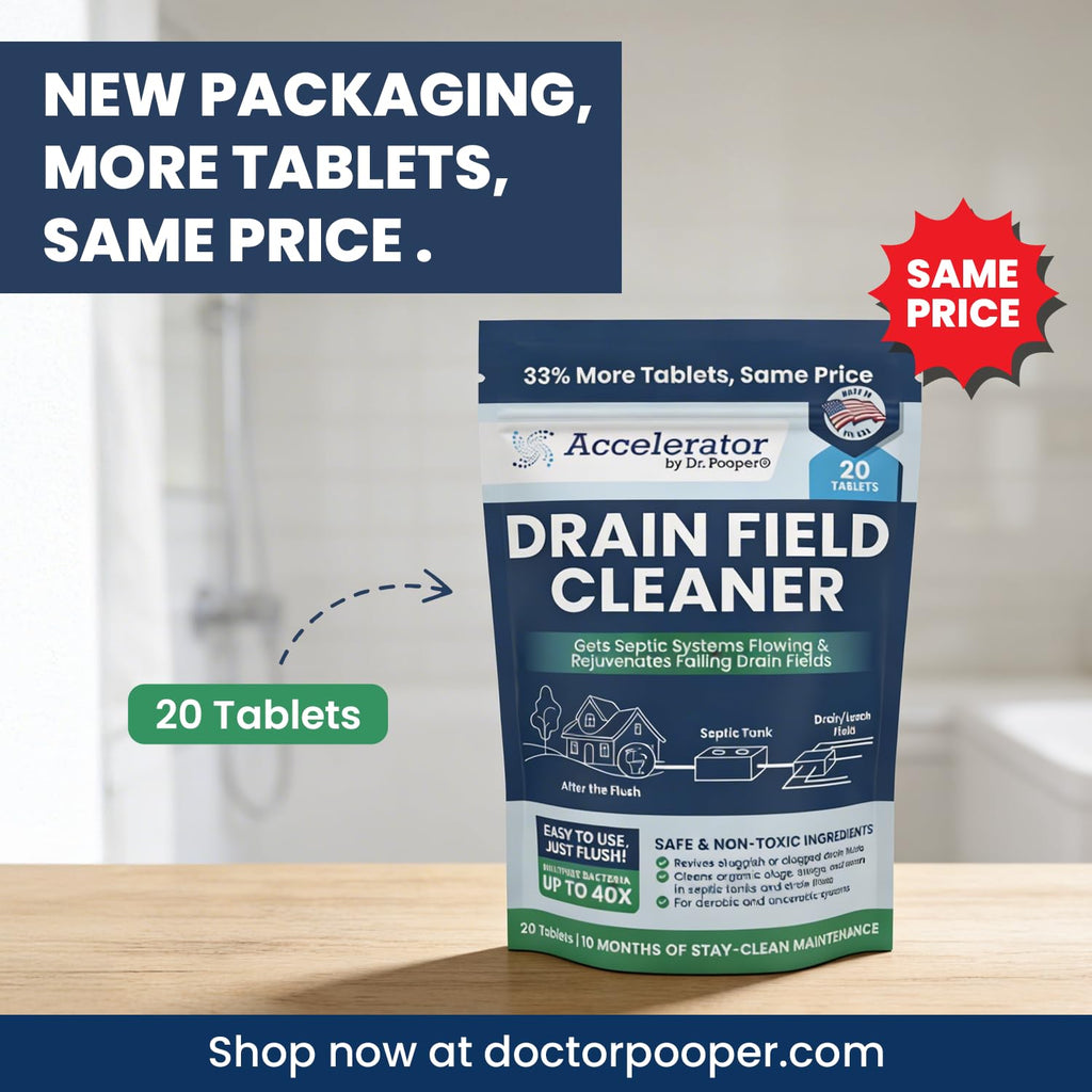 Accelerator by Dr. Pooper Drain Field Cleaner Tablets (20 Count) - Septic Tank Treatment for Clogs, Odor & Sludge - 90% Less Plastic - 10 Month Supply - Aerobic & Anaerobic Systems - Easy Flush