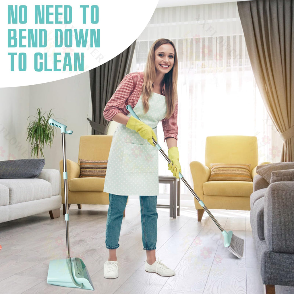 XXXFLOWER Broom and Dustpan Set with Cleaning Teeth, 55" Long Handle Indoor Sweeping Combo for Home Office Kitchen, Bluish Green