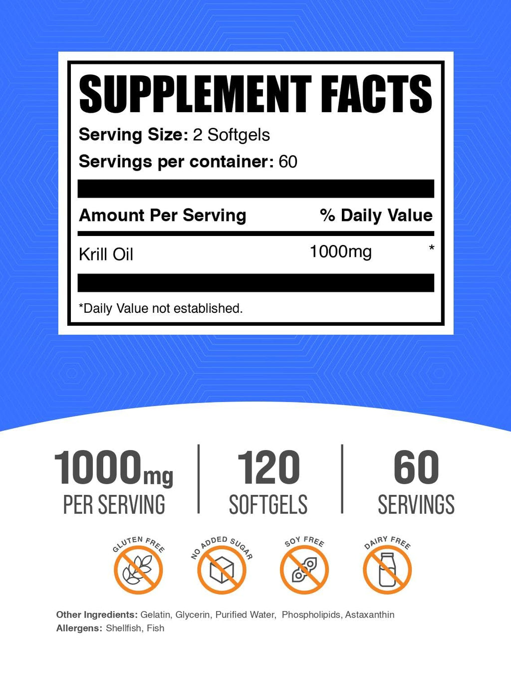 BulkSupplements.com Krill Oil 1000mg Softgels - Antarctic Krill Oil Supplement - Omega 3 Supplement, DHA Supplement - Gluten Free, 2 Softgels per Serving, 120 Count (Pack of 1)