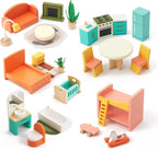 Giant bean 26 Pcs Large Wooden Dollhouse Furniture 5 Set for Kitchen, Living Room, Bedroom, Bathroom, Babyroom, Candy Dollhouse Accessories & Furniture Toy for Girls Boys Kids 3+