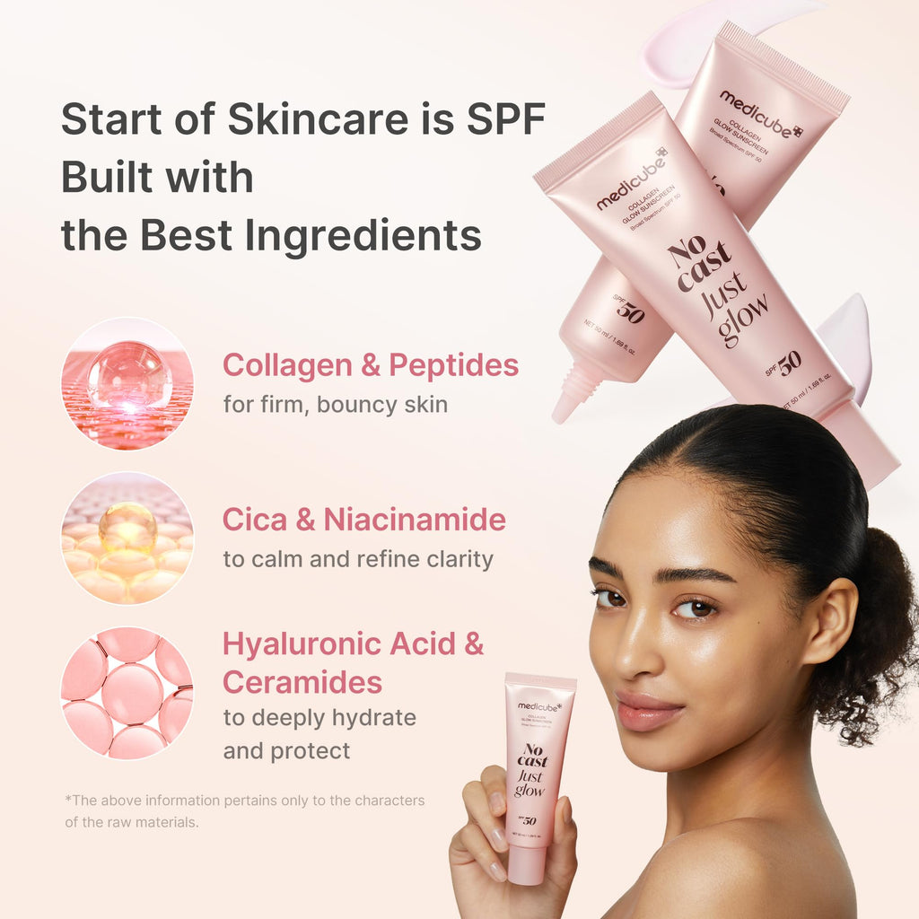medicube No Cast Just Glow Collagen Sunscreen | SPF 50 Broad Spectrum Face Sunscreen | Lightweight, Non-Sticky, Hydrating Formula | Peptide, Cica for Soothing & Glow | Korean Skincare