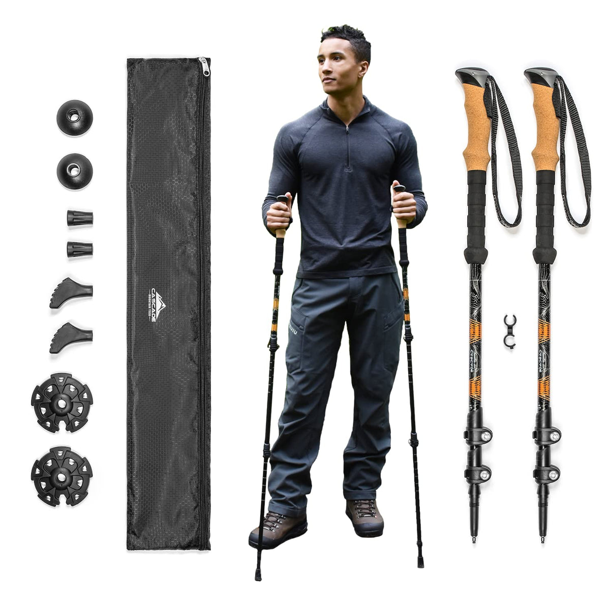 Cascade Mountain Tech Trekking Poles, Shaft Material: Aircraft- grade 6061 Aluminum with Adjustable Locks Expandable to 54" (Set of 2), Cork Grip, Orange, Extended Grip Material: EVA
