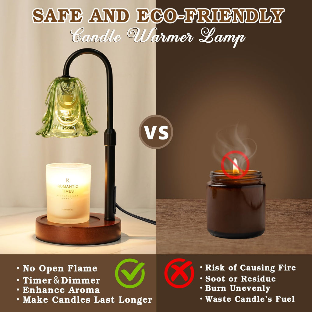 Small Candle Warmer Lamp with Timer, Adjustable Green Lamp Warmer for Jar Candles, Christmas Birthday Gifts for Women Mom Her, Unique Dimmable Candle Heater, Cute Wax Warming Light with Wood Base