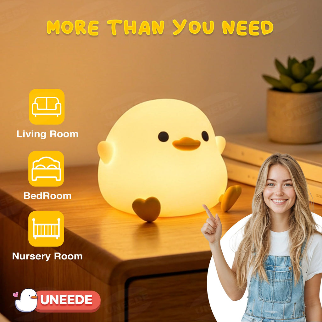 UNEEDE LED Cute Bean Duck Night Light, DoDo Duck Silicone Nursery Night Light Squishy Dimmable Rechargeable Table Bedside Lamp with Touch Sensor for Bedrooms, Living Room Unique Dorm Decor Gift Toy