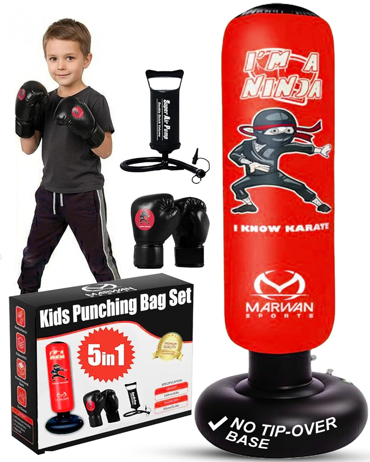 Marwan Sports Kids Punching Bag Toy Set, Inflatable Boxing Bag Toy for Boys Age 3-12, Ninja Toys for Boys, Christmas,Birthday Gifts for Kids 4,5,6,7,8,9,10 Years Old (Red Ninja)