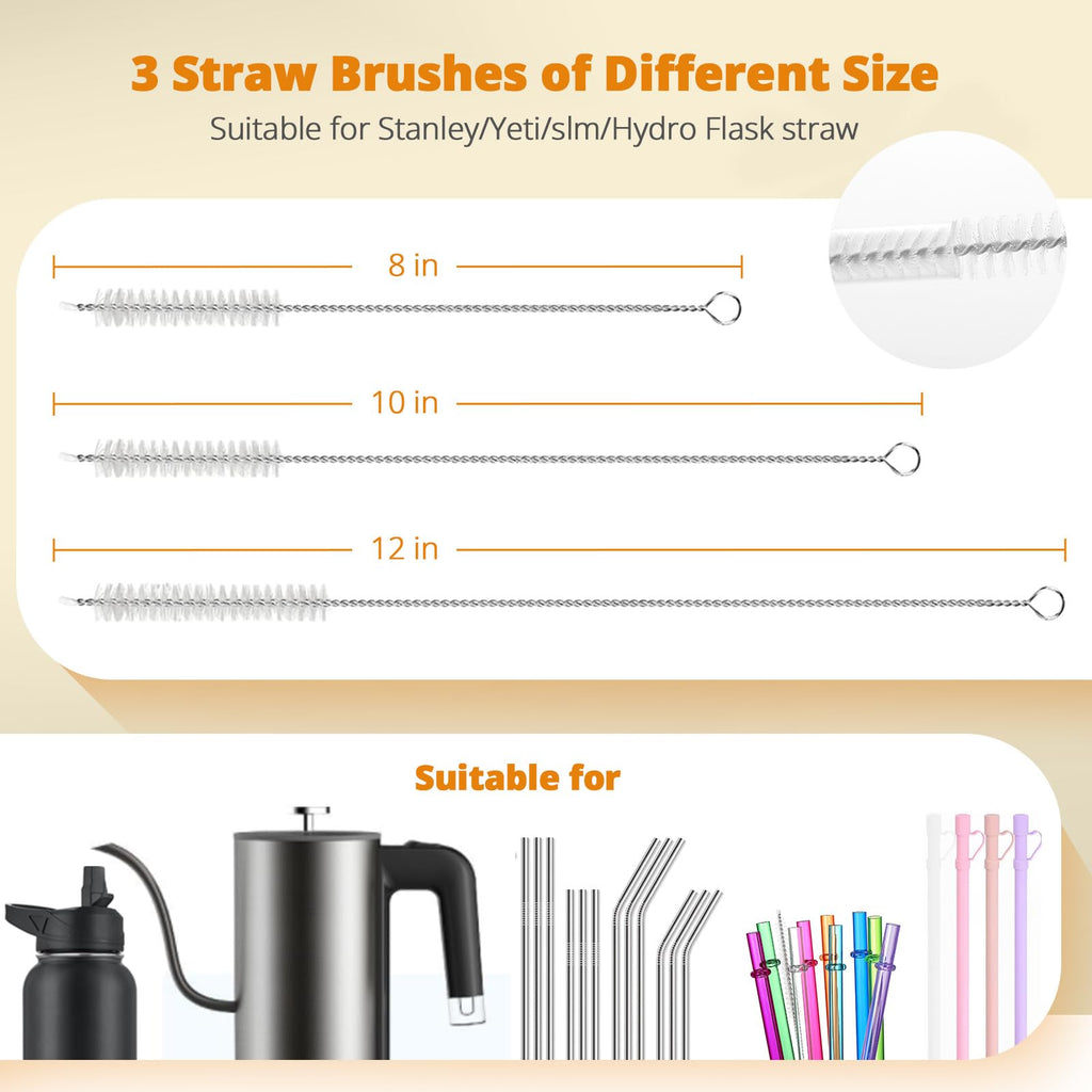 OUTXE 5 Pack Bottle Brush Set, 5-in-1 Multifunctional Water Bottle Cleaning Brush 2 Pack, with Nipple Brush, Detail Brush for Cup Lid Gap, 12" 10" 8" Straw Brush for Stanley Yeti