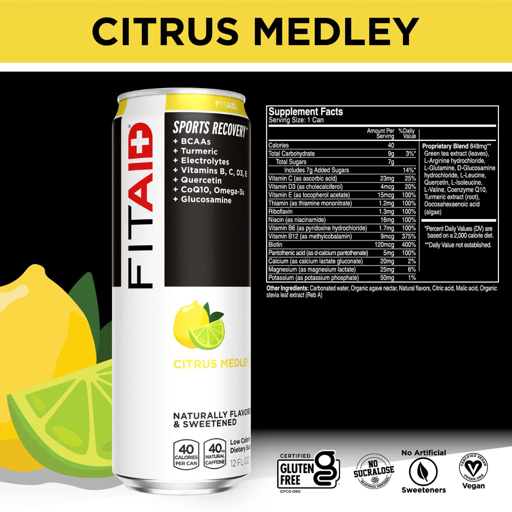 FITAID Post Workout Recovery Drink, Strawberry Lemonade, BCAAs, Glucosamine, Electrolytes, All In One Can, Paleo, Vegan & Gluten-Free, 40 Calories, 12 Fl Oz (Pack of 24)