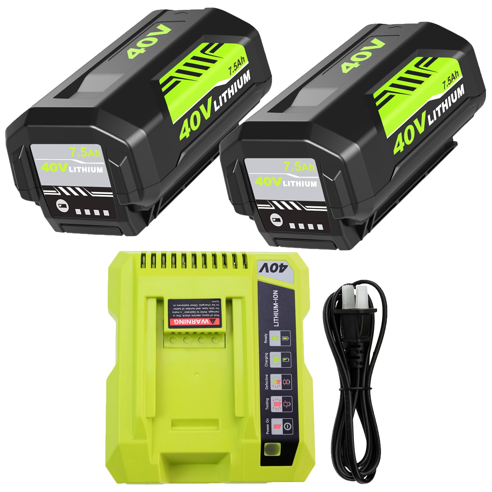 7500mAh 2 Packs OP4075A Battery and OP401 Charger Replacement for Ryobi 40V Battery and Charger Combo Kit Compatible with Ryobi 40 Volt Batteries OP40601 OP40602 OP4050 OP40501 OP4040 OP40404(Green)