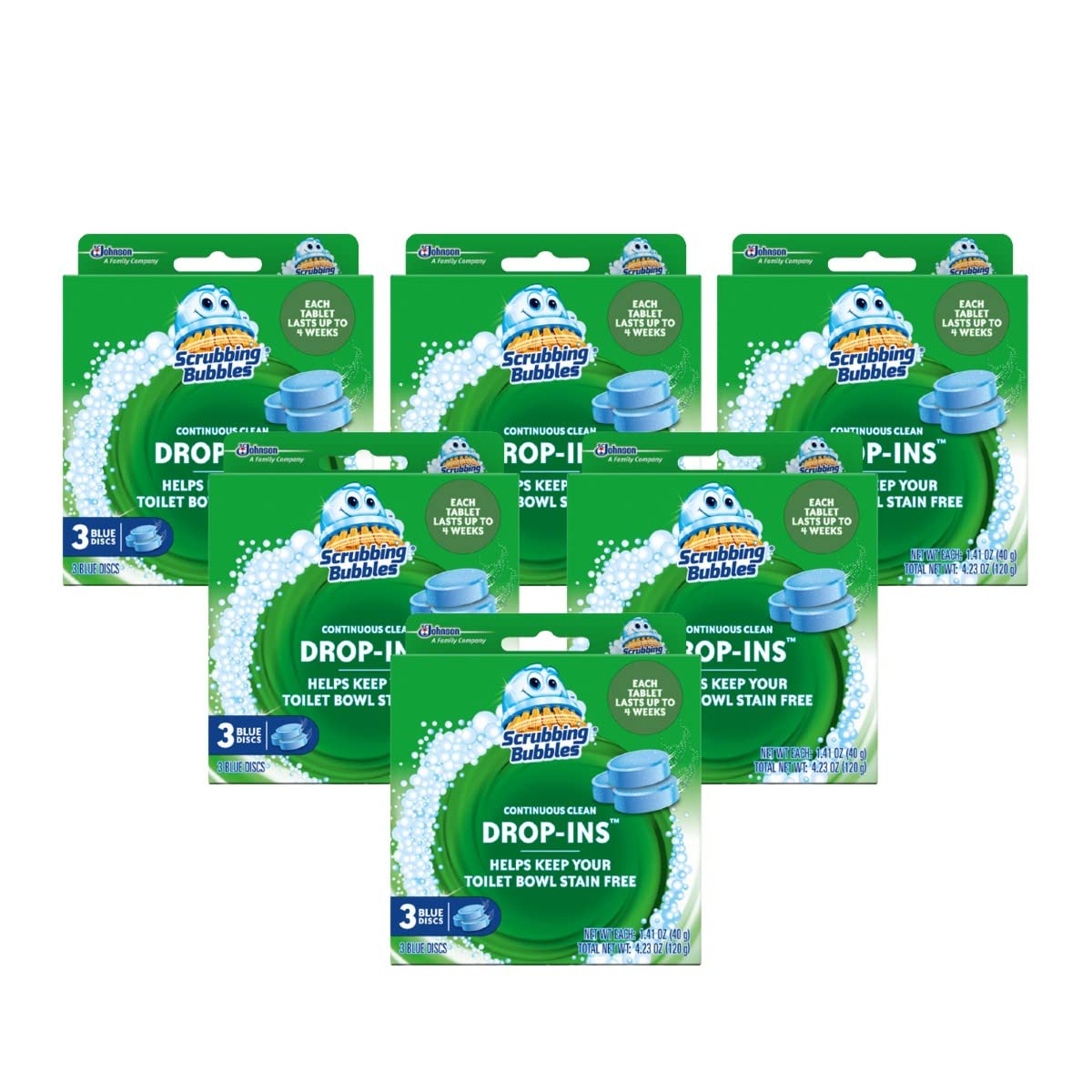 Scrubbing Bubbles Continuous Clean Toilet Drop-Ins, Automatic Blue Toilet Bowl Cleaner, Septic-Safe Tank Tablets Remove Hard Water Minerals & Limescale, Stain & Smell Protection, 3 Count (Pack of 6)