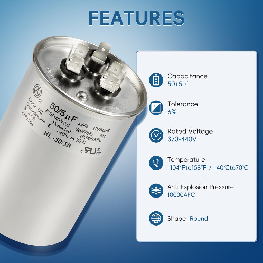 QYCKFIXR AC Capacitor 50+5 uF 50/5 MFD ±6% 370V/440VAC CBB65 Dual Run Circular Start Capacitor for Heat Pump Air Conditioner，Ten Years of Coverage
