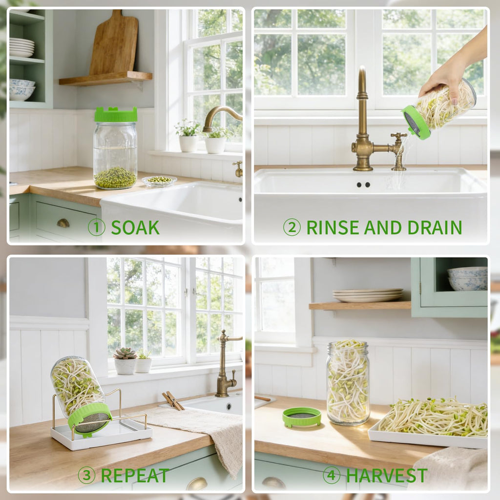 Seed Sprouting Jar Kit with Mung Beans 2.9oz, 2 Large Wide Mouth Mason Jars with Sprouting Lids, Blackout Sleeves, Drain Tray, Sprouts Growing Kit for Growing Bean, Alfalfa, Radish Sprout Seeds