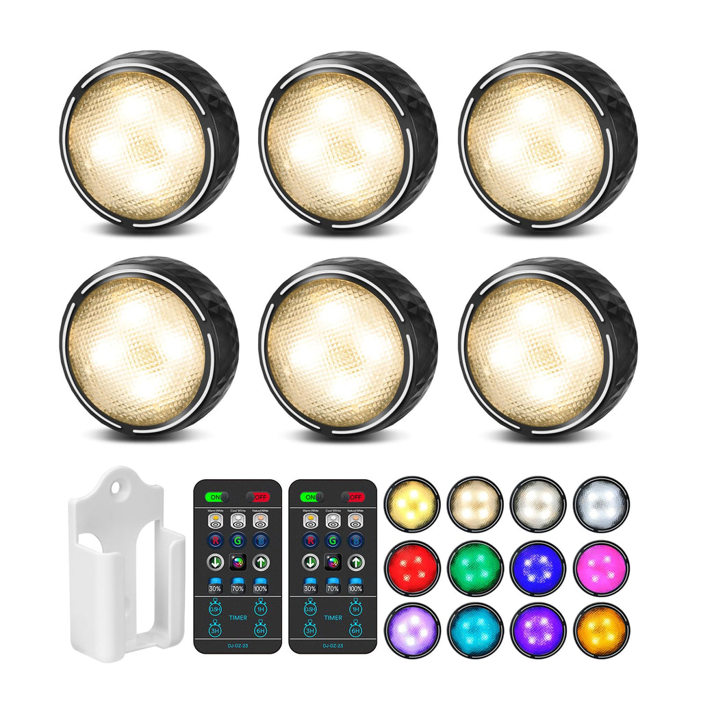 TECOMLIGHT LED Puck Lights with Remote Control, Battery Operated Wireless Closet Light, Under Cabinet Lighting Stick on Tap Push Lights, Color Changing Under Counter Light for Kitchen, 6 Pack - Black