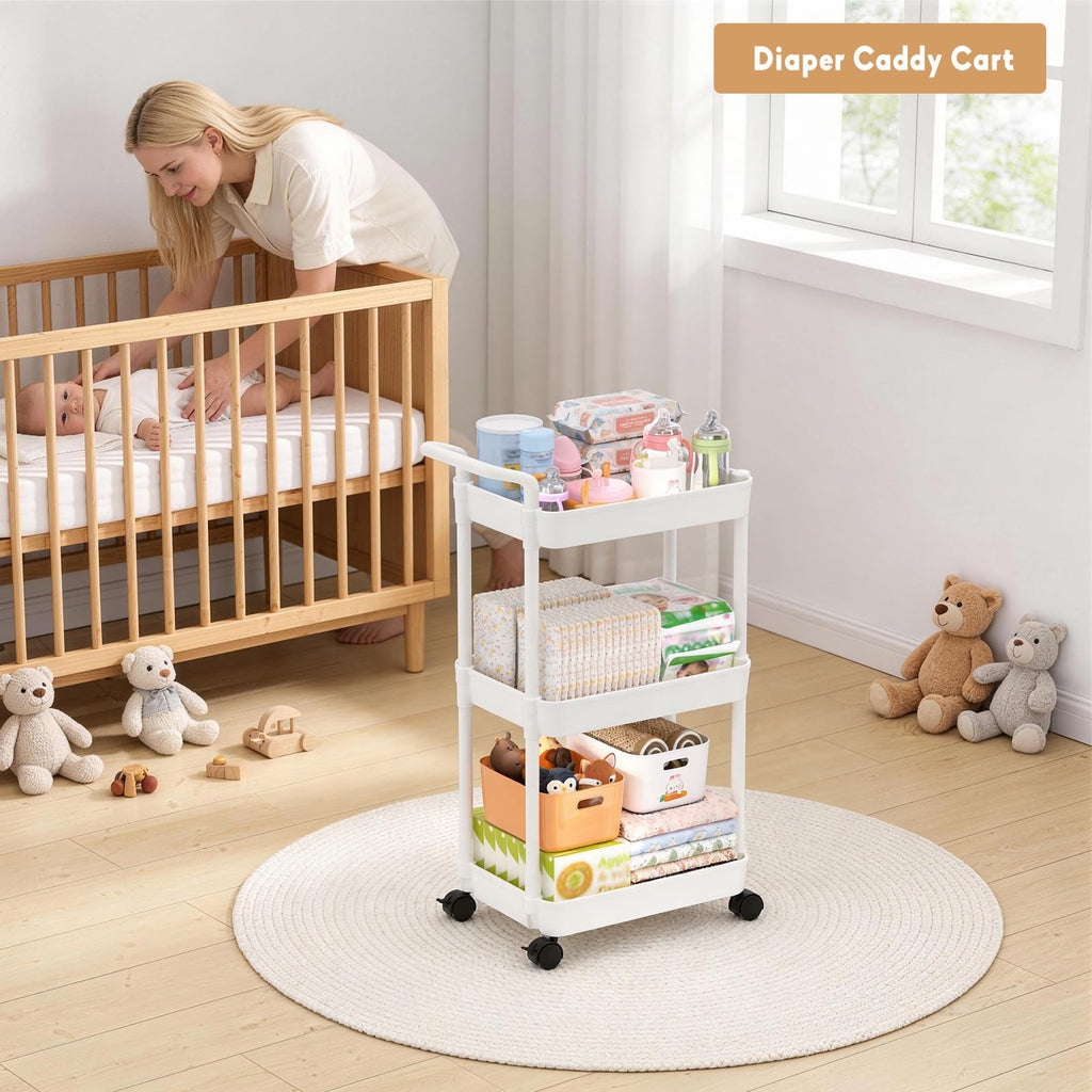Volnamal Diaper Caddy, 3 Tier Rolling Cart for Baby Essentials, Off-White