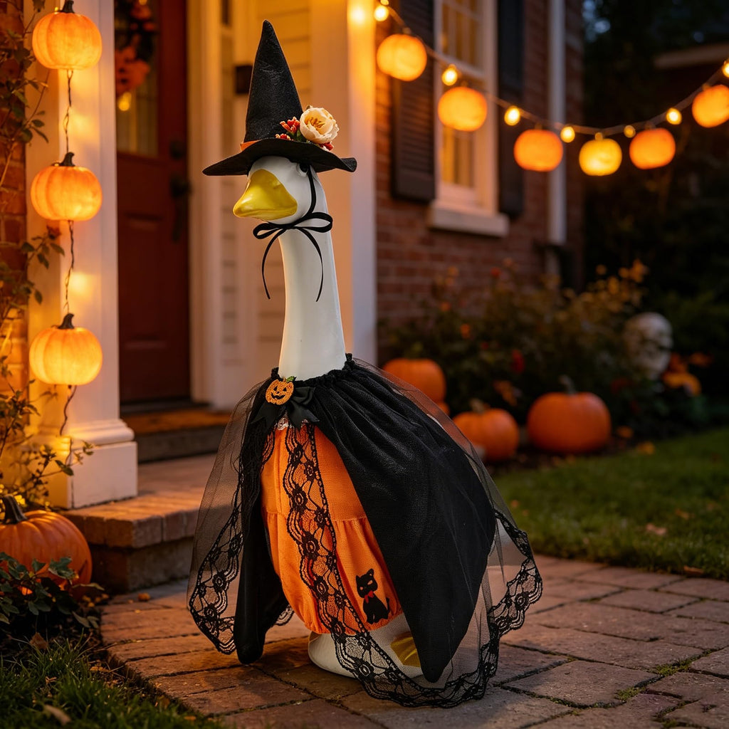 Covvoliy Old Lady Porch Goose Outfits Grandma Goose Clothes Glasses Curly Wig Floral Print Dress Cardign and Pearl Necklace,23'' Geese Statue Outdoor Patio Yard Lawn Decoration (Black)