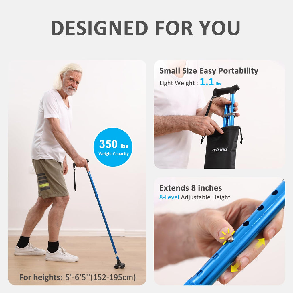 REHAND Walking Cane for Men & Women - Foldable, Adjustable, Lightweight, Self Standing Pivot Walking Cane, Soft Handle Grip, with Travel Bag, Walking Sticks for Seniors & Adults (Sliver)