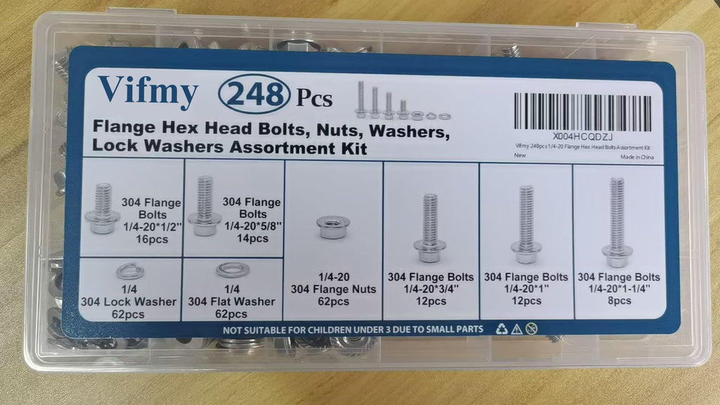 Vifmy 1/4-20 Bolt x (Length 3/4", 1", 1-1/4") 304 Stainless Steel Flange Head Bolts Assortment Kit (248 Pack) with 1/4 20 Bolt, Serrated Flange Nuts, Washers, Full Thread