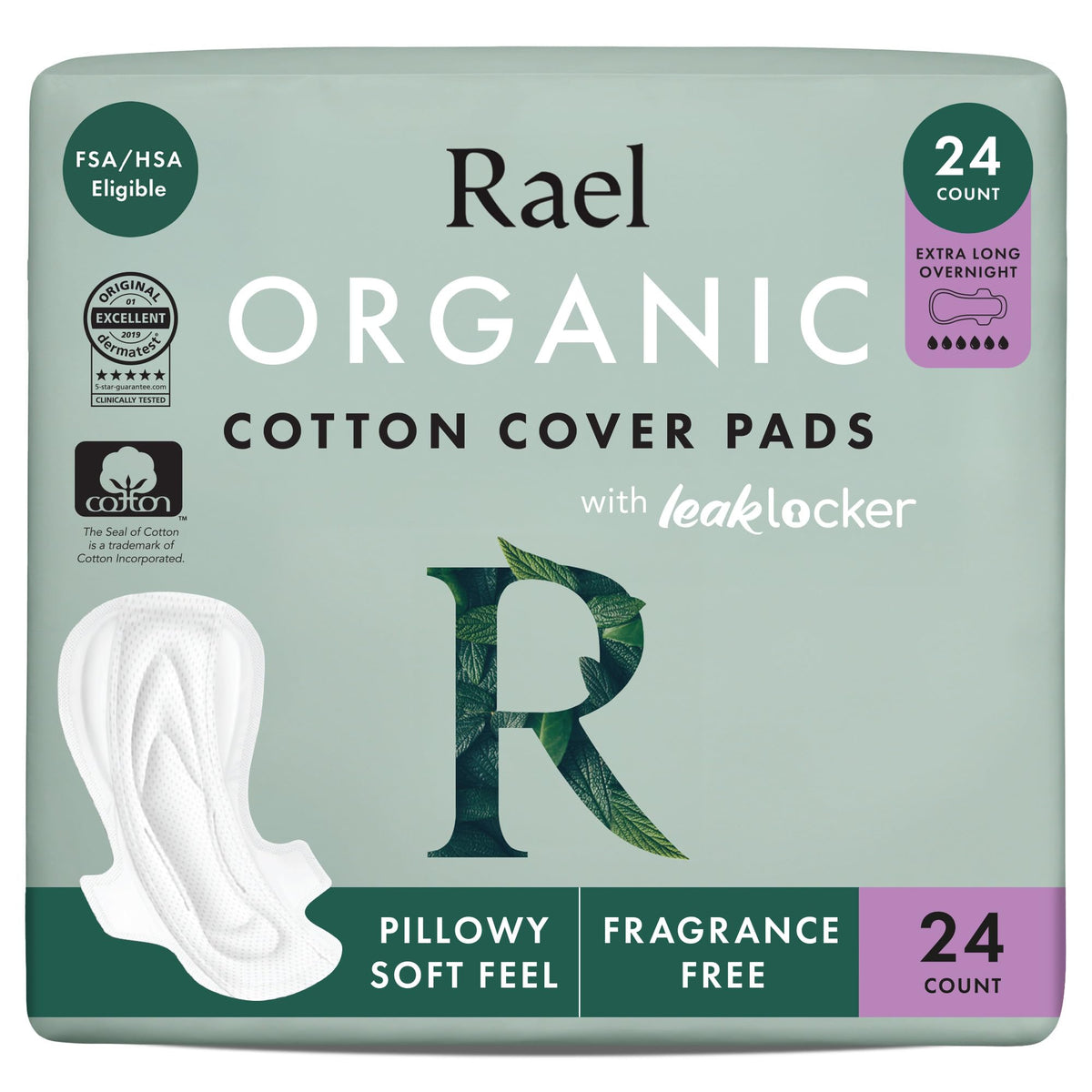 Rael Organic Cotton Cover Sanitary Pads for Women (XL Overnight, 24 Ct)