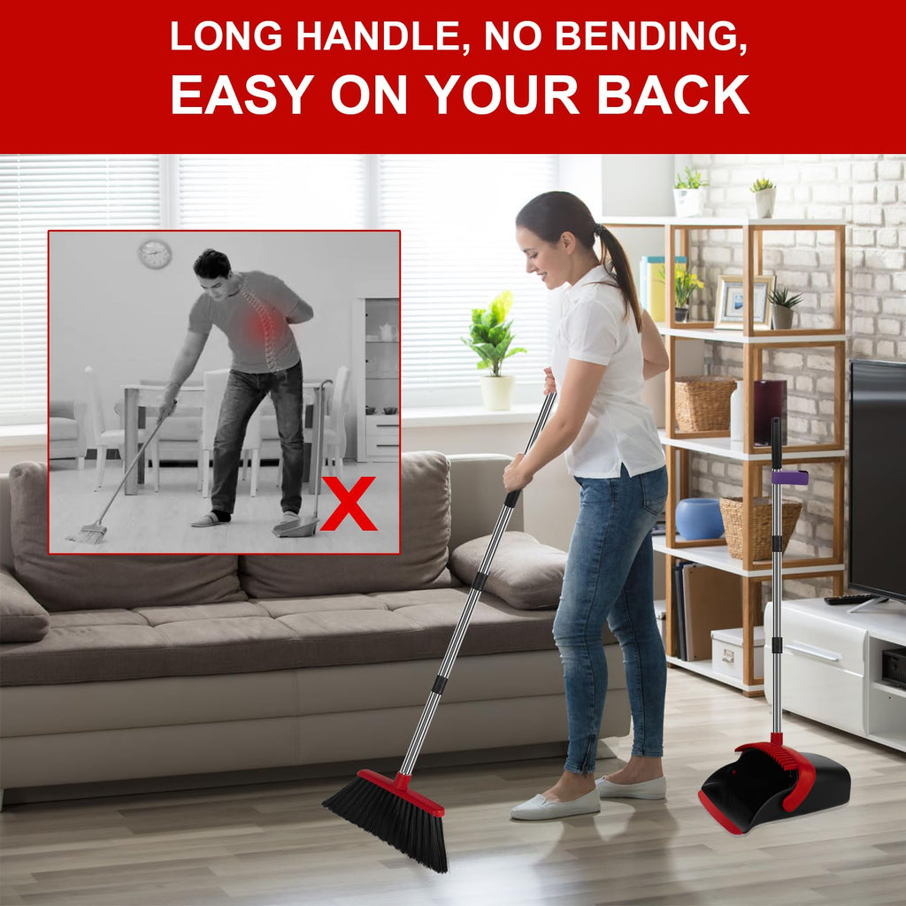UDUK Broom and Dustpan Set, Large Household Broom with Dustpan Combo Set, 55 Inch Long Handle, Red Dust Pan Combo Set for Home