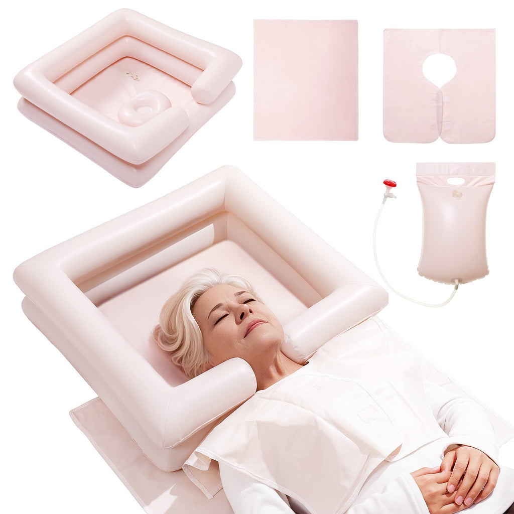 Inflatable Bedside Shampoo Set with Water Bag and Waterproof Shawl. Wash Hair in Bed for Children, the Elderly, Pregnant Women, Post-surgery or Bedridden Patients. Water Bag Capacity 2.1 Gallons (8L)