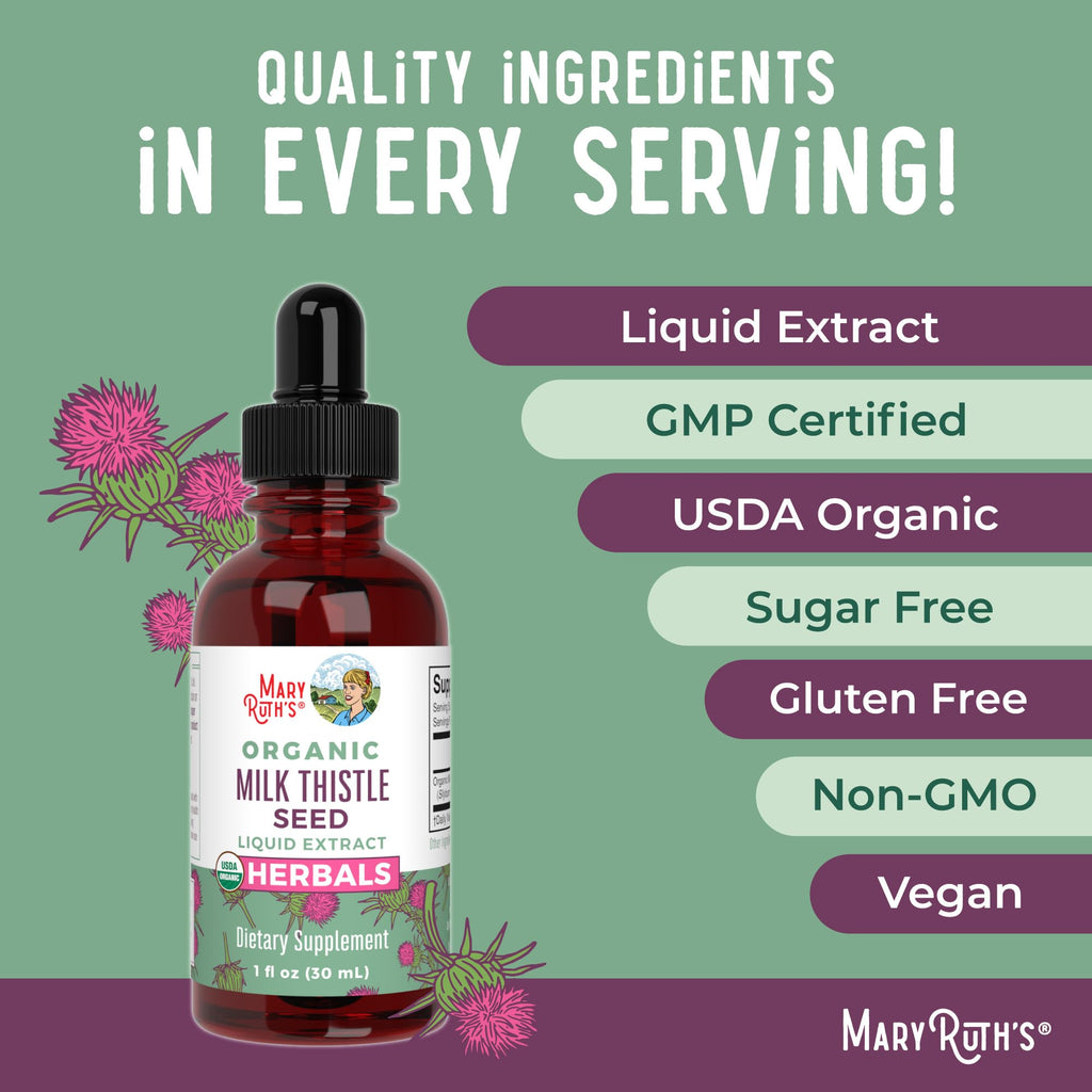 MaryRuth Organics Milk Thistle Seed Liquid Extract Drops, 1 fl oz | 1,190 mg Milk Thistle Seed | Silybum marianum | Alcohol-Free | Vegan | USDA Organic | Non-GMO