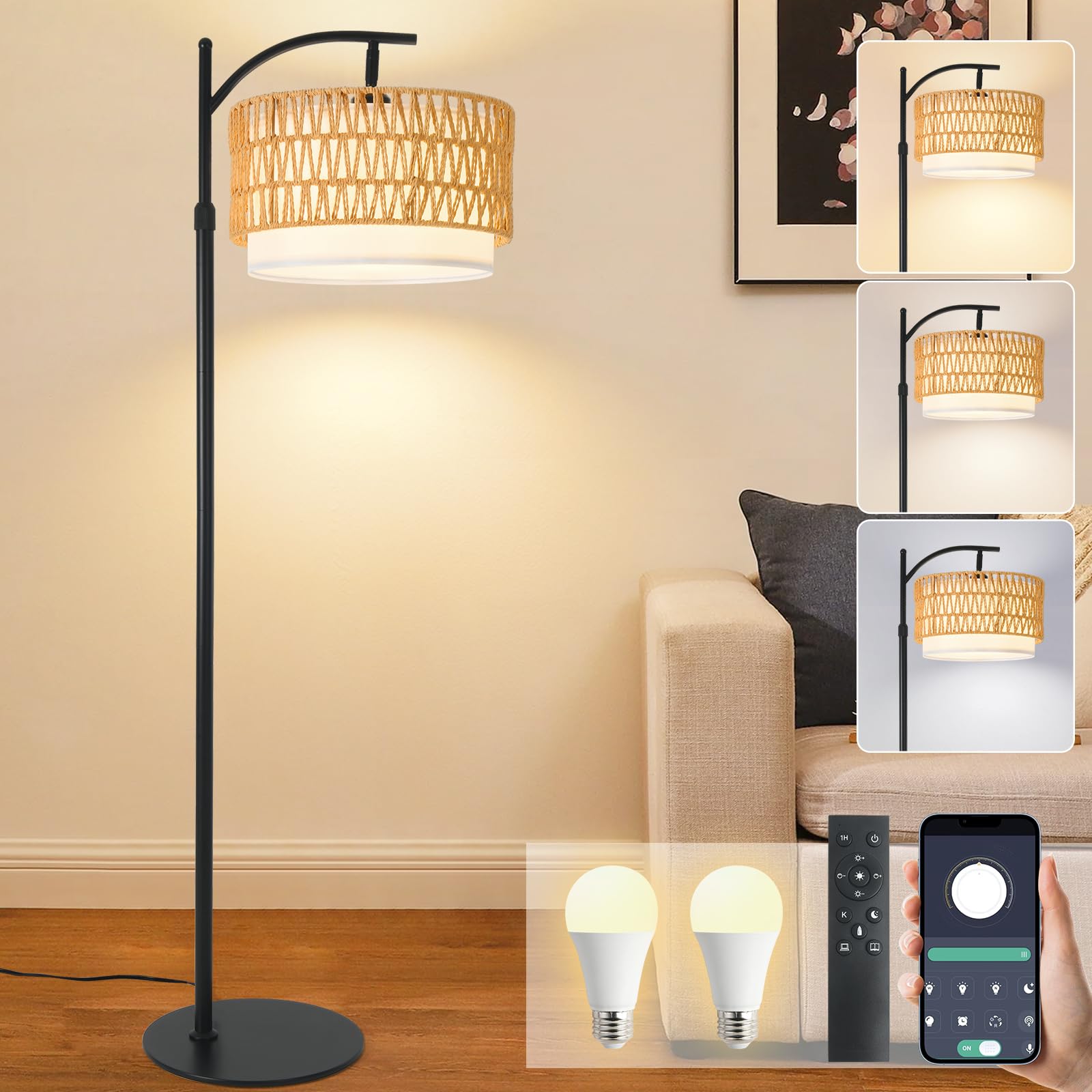 DRAWNCAT Rustic Black Farmhouse Floor Lamp with Woven Rattan Shade - 12W LED, Remote & Dimmable 3-Color Temp, Tall Standing Lamp for Living Room