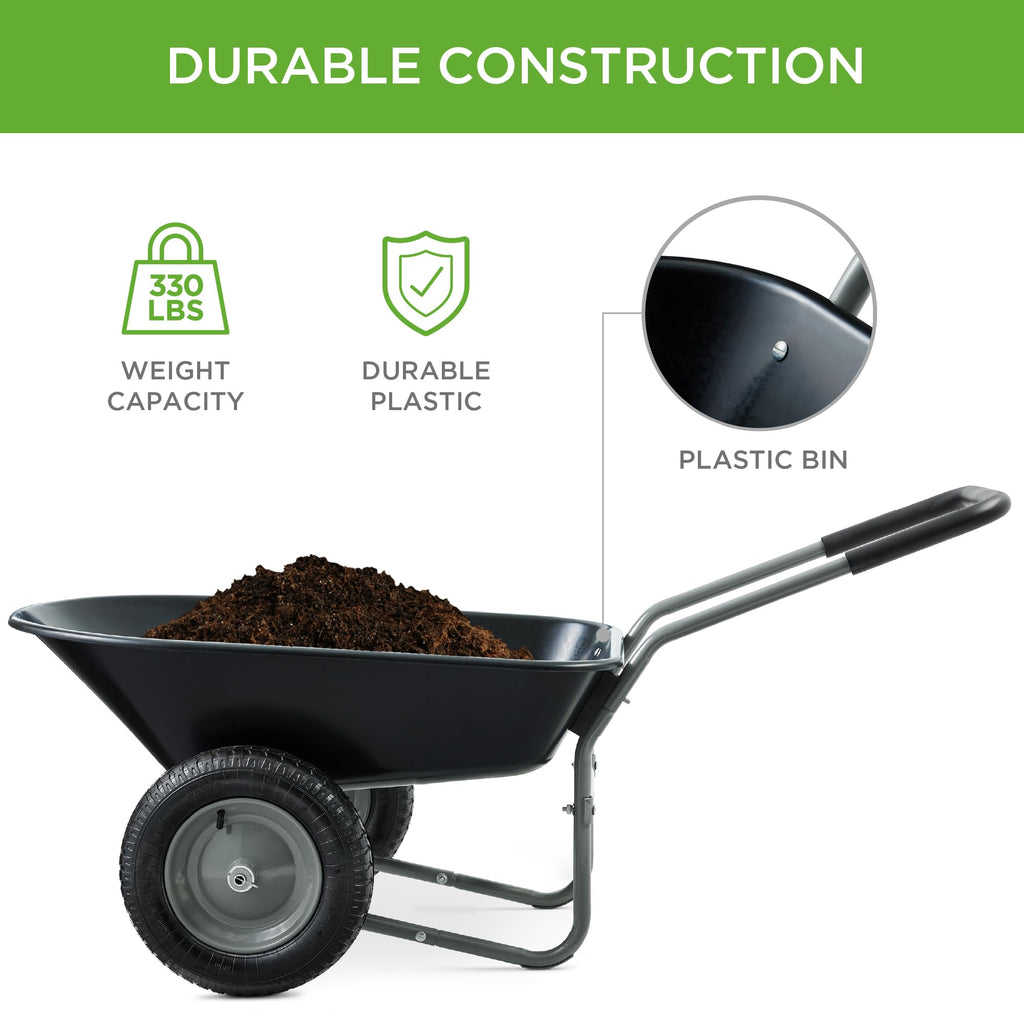 Best Choice Products Dual-Wheel Home Utility Yard Wheelbarrow Garden Cart w/Built-in Stand for Lawn, Gardening, Construction - Black
