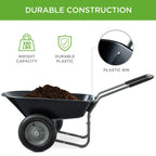 Best Choice Products Dual-Wheel Home Utility Yard Wheelbarrow Garden Cart w/Built-in Stand for Lawn, Gardening, Construction - Black