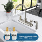 Cinwiny Kitchen Faucets, High Arc 360°Rotating Spout Kitchen Sink Faucet, 2 Handle 8 Inch Centerset RV Kitchen Faucet with Supply Lines, 3 or 4 Hole Kitchen Faucet with Side Sprayer, Brushed Nickel