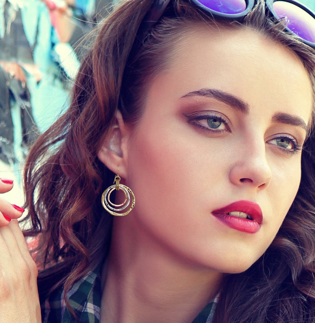 SPUNKYsoul 3 Circle Earrings for Women - Handmade, Lightweight 2-Inch Dangle - Bohemian Earrings - Trendy, Vintage, Unique Jewelry - Ideal for Weddings & Gifting - 3-toned(Gold, Silver, Copper)