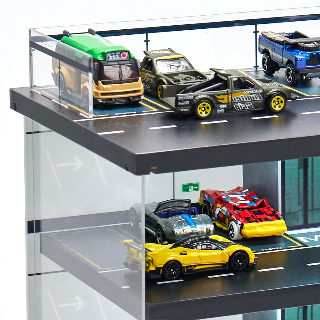 Display Case for Hot Wheels Garage & Matchbox Cars with LED Light, 1/64 Scale Diecast Toy Cars Garage, Storage Case for Hot Wheels, Parking Garage Diorama with 4 Levels Maximum 58 Cars