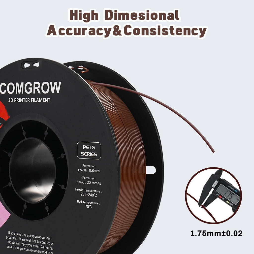Comgrow PETG 3D Printer Filament 1.75mm, High Precision and Tough 3D Printer Filament 1kg (2.2LBS), Dimensional Accuracy +/- 0.02 mm, Fit Most 3D Printers Coffee