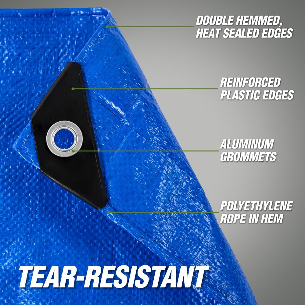 RUGGED RHINO Heavy Duty Waterproof Tarp, 10x20, UV and Tear Resistant Cover with Reinforced Grommets and Corners, Outdoor Multipurpose Tarps for Camping, Patio, Garden, Car & Roof, 5 Mil, 1 Pack, Blue