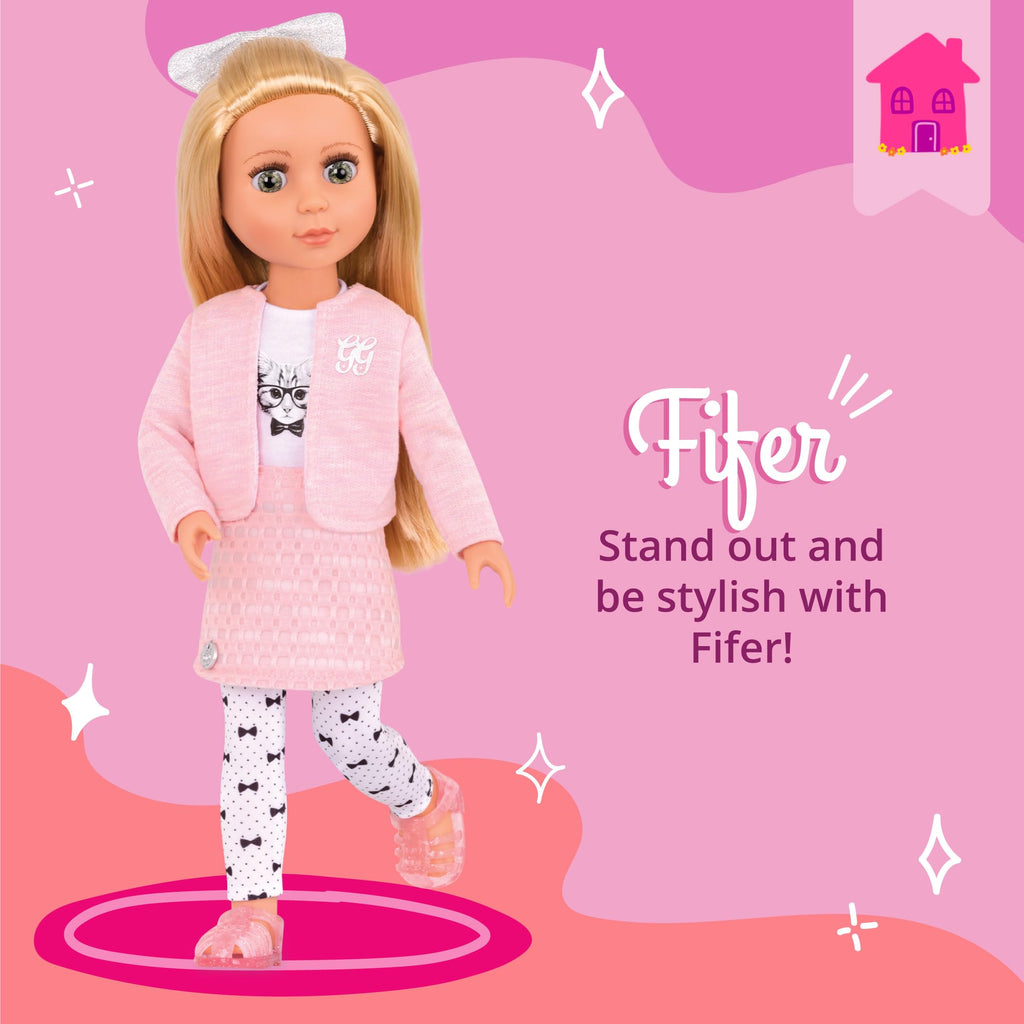 Glitter Girls – 14-Inch Fashion Doll – Blonde Hair & Green Eyes – Pink Cardigan & Skirt – Cat – Themed Outfit – 3+ Years– Fifer