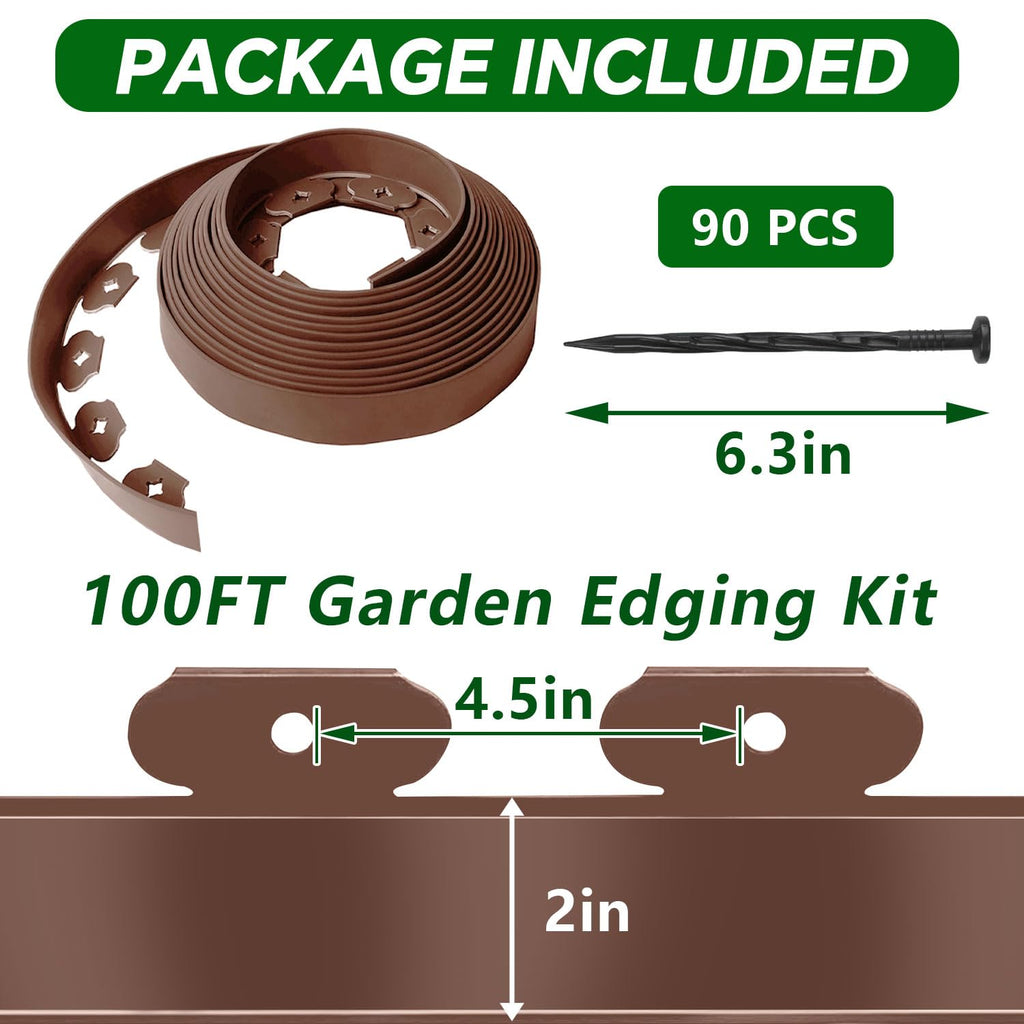 Garden Edging Border, 2In x 100 FT Landscape Edging with 90 Spikes, Brown