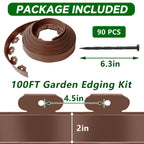 Garden Edging Border, 2In x 100 FT Landscape Edging with 90 Spikes, Brown