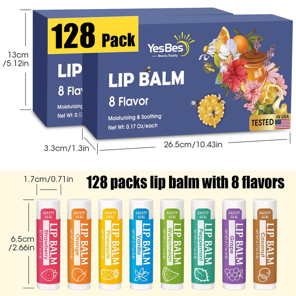 YesBes 128 Pack Lip Balm, Natural Lip Balm Bulk with Vitamin E and Coconut Oil, Moisturizing Lip Balms for Dry Cracked Lips, Lip Balms for Valentines Gifts Stocking Stuffers - 8 Flavors