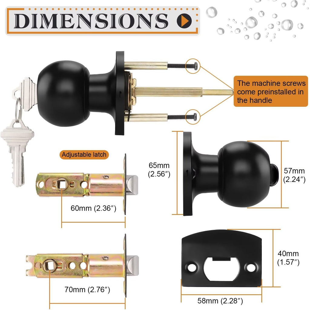 Probrico Black Door Knob Exterior Door Knobs with Lock, Keyed Alike Door Locksets for Front Door, Interior Door Lock with Ball Knob, Black Finished, 5 Pack