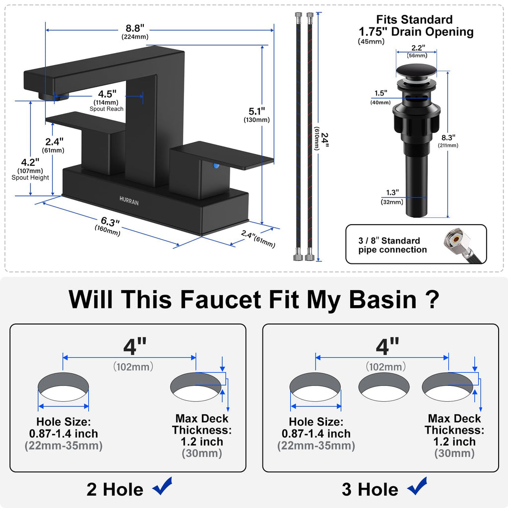 Matte Black Bathroom Sink Faucet, Hurran 4 inch Bathroom Faucets for Sink 3 Hole with Pop-up Drain and Supply Lines, Stainless Steel 2-Handle Faucet for Vanity RV Restroom, 2 Pack