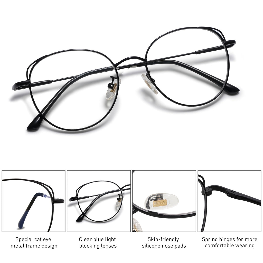SOJOS Cat Eye Blue Light Blocking Glasses for Woman Hipster Metal Frame Womens Eyeglasses She Young SJ5027, Black Frame/Anti-Blue Light Lens