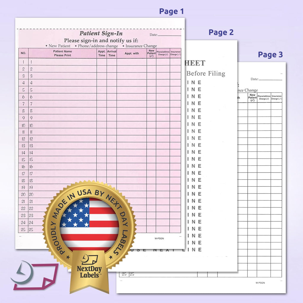 NextDayLabels - NCR Carbonless 3 Part Patient Sign in Forms, HIPAA Approved and Compliant for Confidentiality in All Medical Offices. (Burgundy)