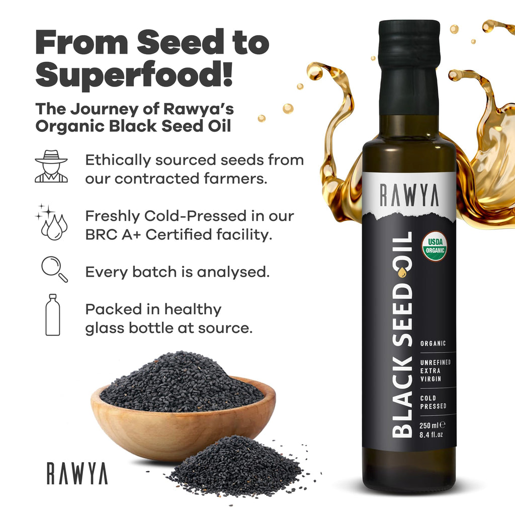 RAWYA Black Seed Oil - USDA Organic Certified - Cold Pressed - 8.4 Fl oz - Extra Virgin - Turkish Black Cumin Seed - Premium Nigella Sativa with Thymoquinone - Kalonji - Non-GMO, Gluten-Free - Nutritional Supplements - Extra Strong Taste