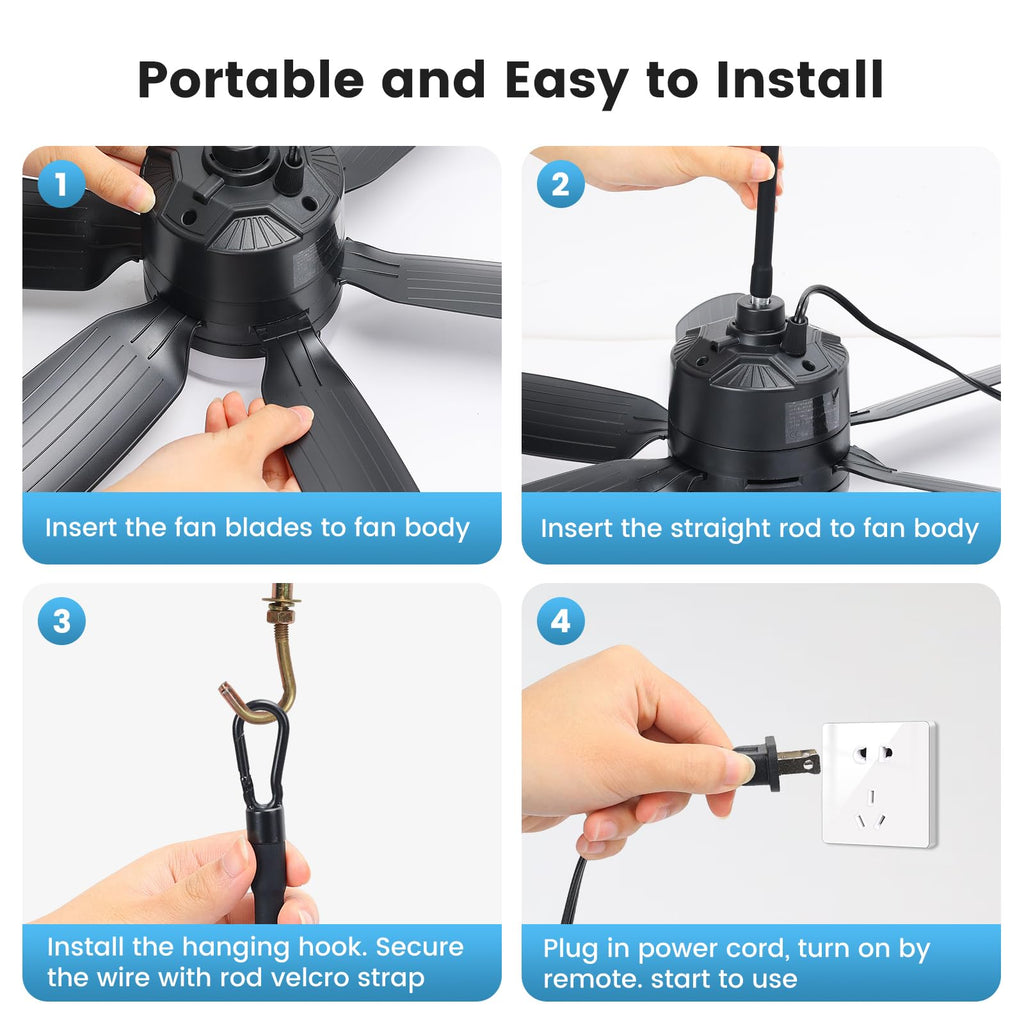 Fanspex 20.5'' Plug in Ceiling Fan with Light for Gazebo Patio Canopy Tent Porch RV, 5 Fan Speeds with Adjust Lighting & Remote Control (Black)