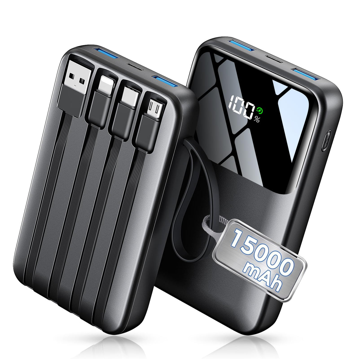 HELLEE 15000mAh Portable Charger Power Bank, 45% Smaller Built-in 4 Cables